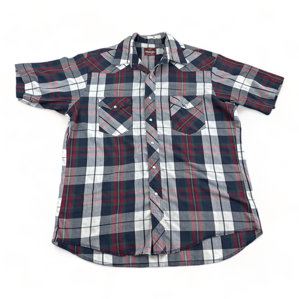 Vintage Wrangler Western Shirt Adult LARGE Gray Burgundy 80s Plaid Pearl Snap